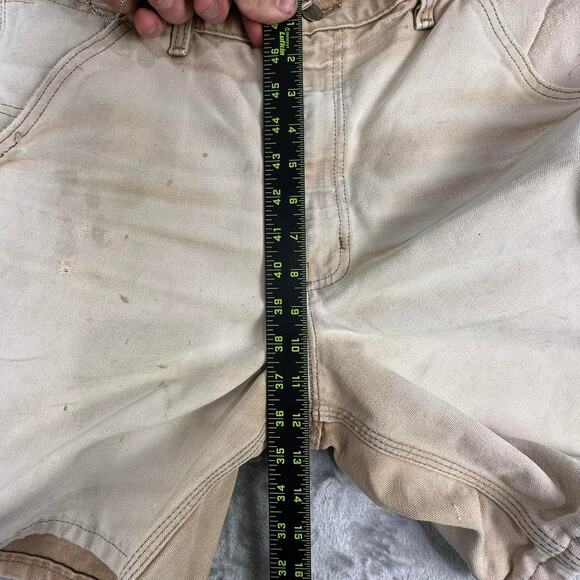 Distressed Vintage 90s Carhartt Carpenter Hemmed Tan Cotton Canvas Shorts 33 - Picture 6 of 7